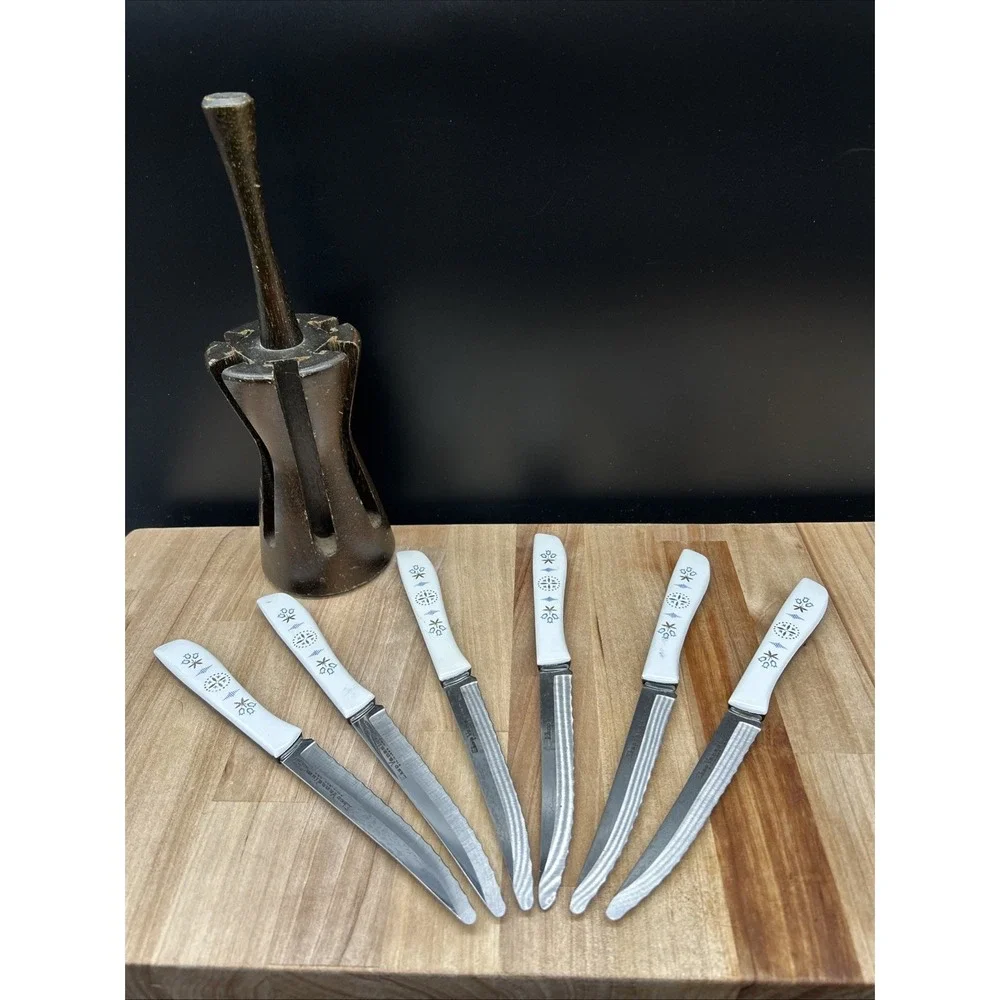 6 Vintage EKCO Vanadium‎ Dutch Tulip Steak Knives USA Hollow Ground Set w Holder